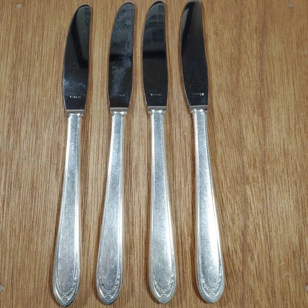 Vintage 1847 Rogers Bros IS Lovelace Silverplate Flatware 4 Dinner Knives Floral
